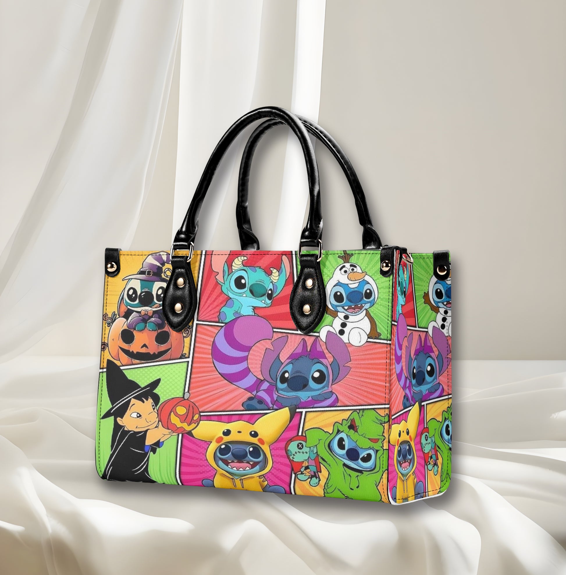 Stitch Halloween Leather Handbag, Colorful Cartoon Cosplay Tote Bag for Women