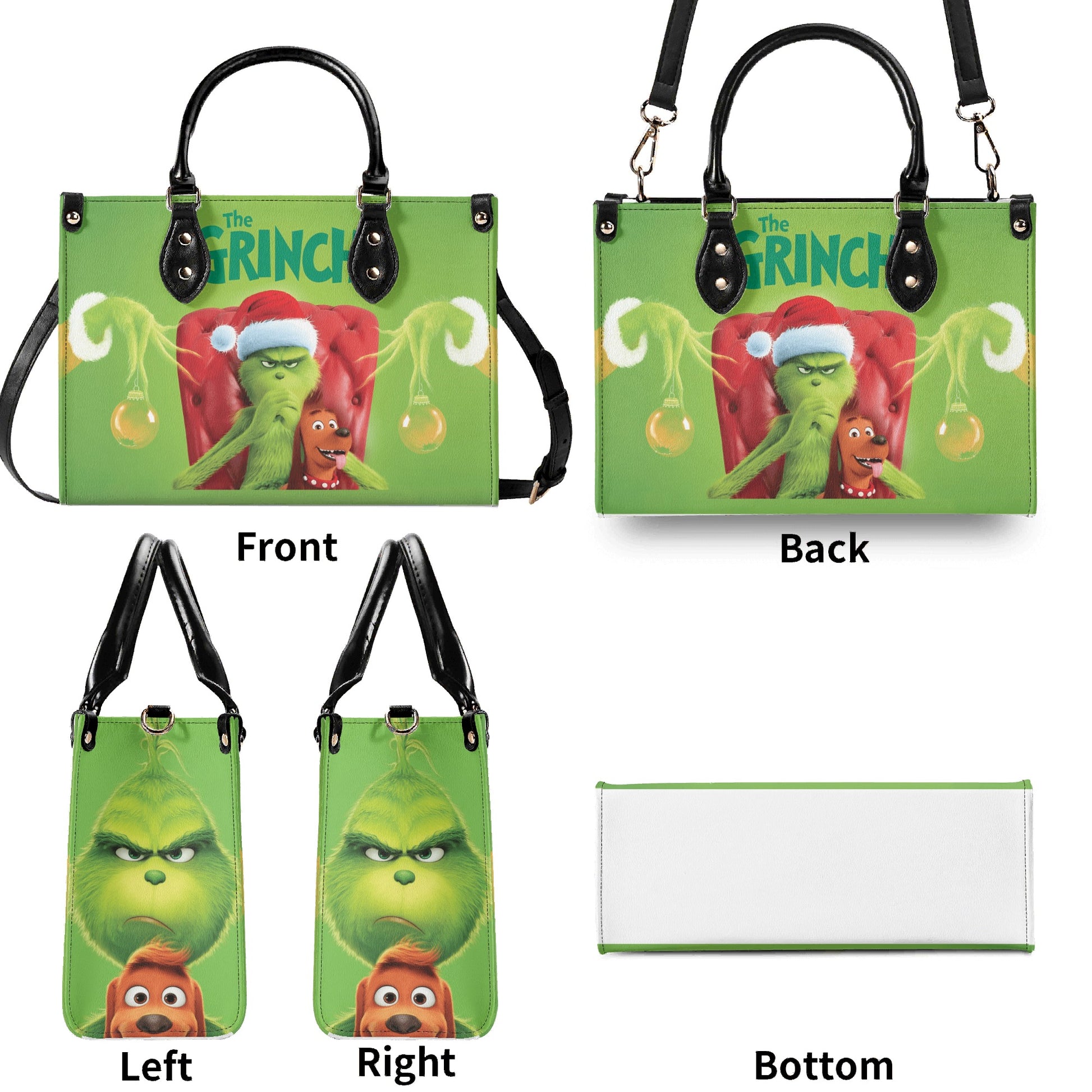 Classic Grinch Santa HandBag, Green Christmas Purse, Funny Holiday Leather Bag, Grinch and Max Design, Festive Gift