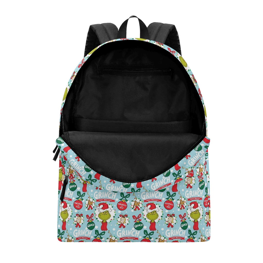 Grinch Backpack Blue, Retro Christmas Collage Pattern, Cute Holiday Gift, Winter Travel School Bag, Christmas Gifts BPGR35
