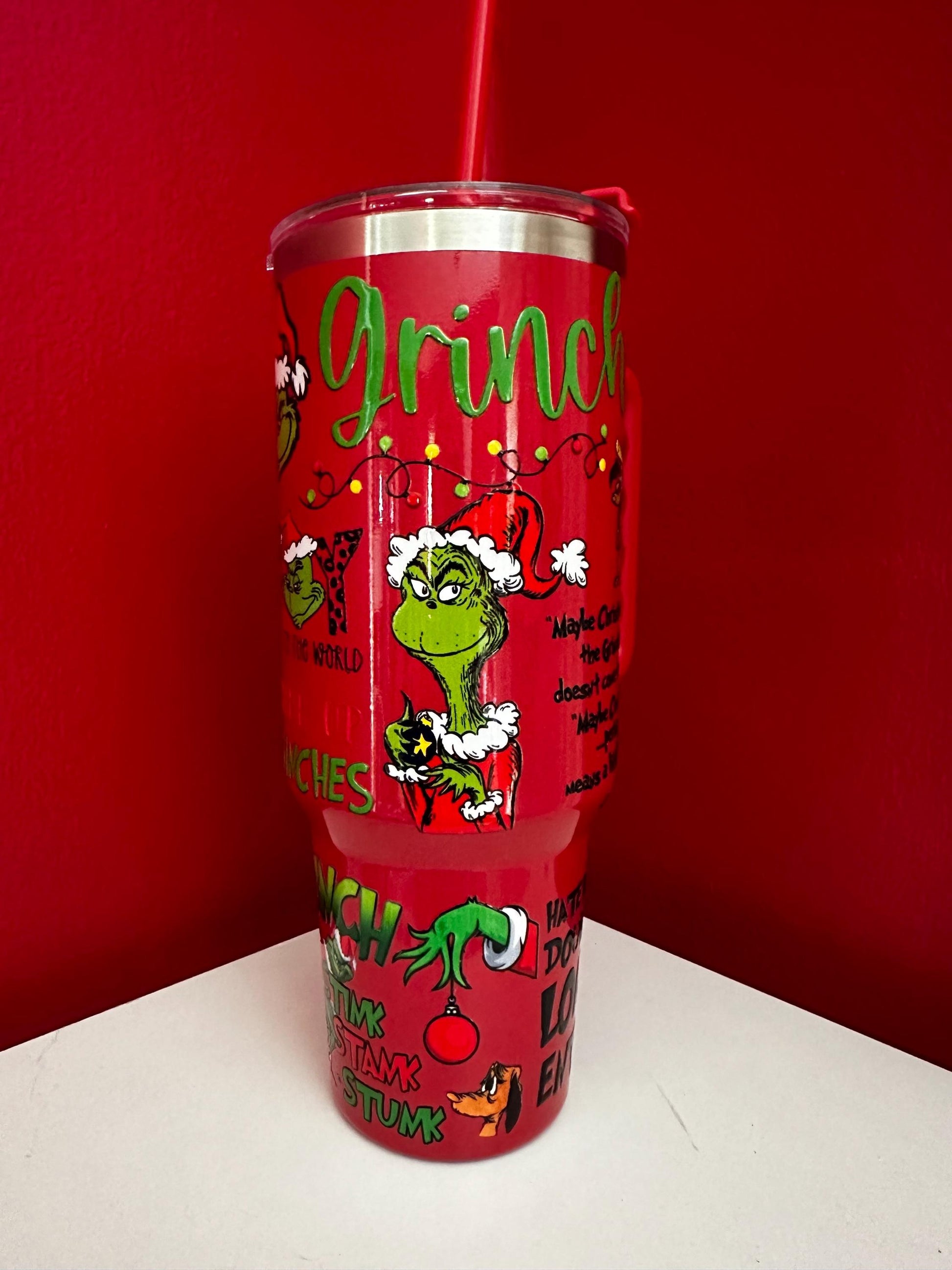 Red Grinch Tumbler Cup, Christmas Quote Pattern, Funny Holiday Mug with Straw, Cute Gift for Grinch Lovers