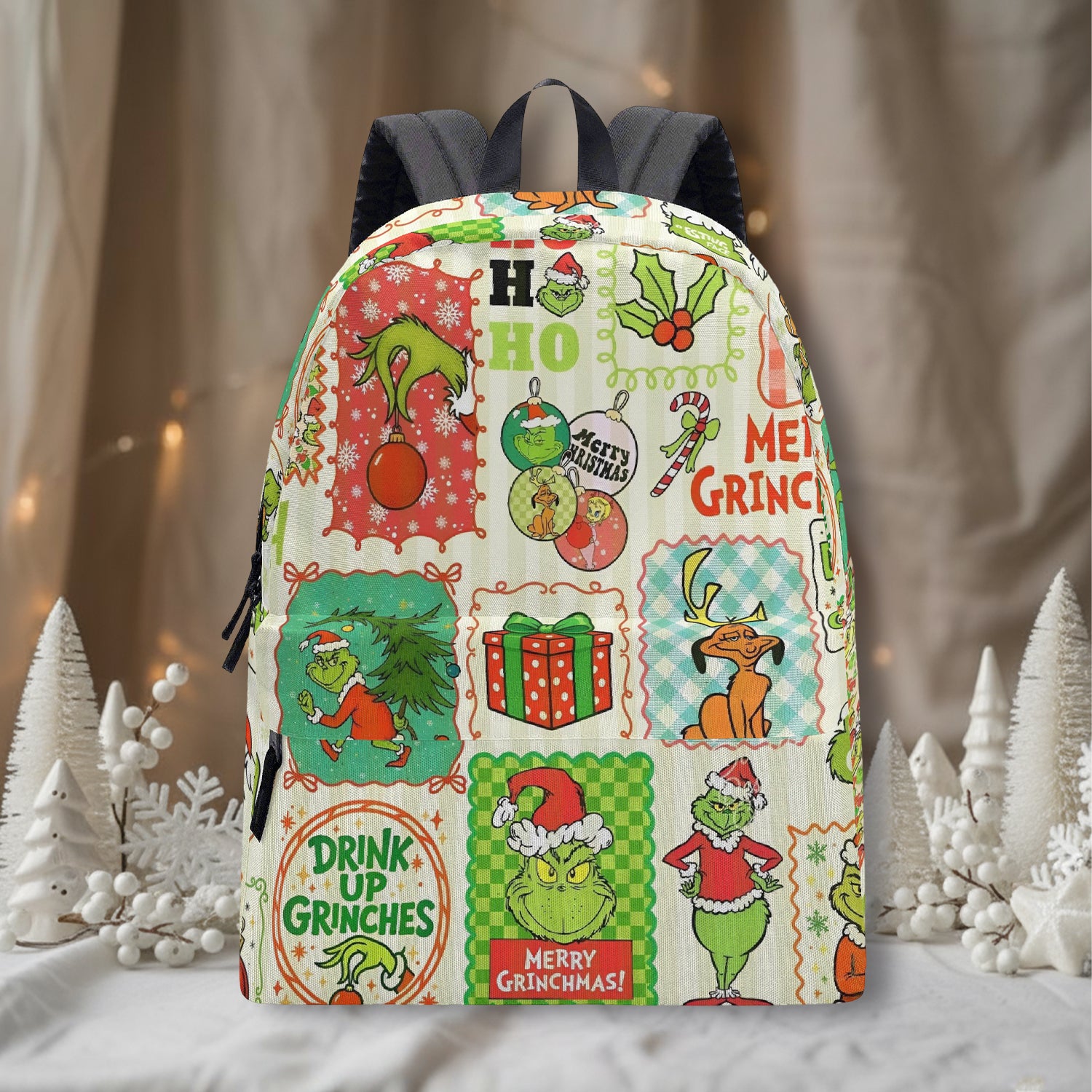 Grinch Backpack Vintage Patchwork, Merry Grinchmas Panels, Retro Christmas Gift, Holiday Travel School Bag BPGR36