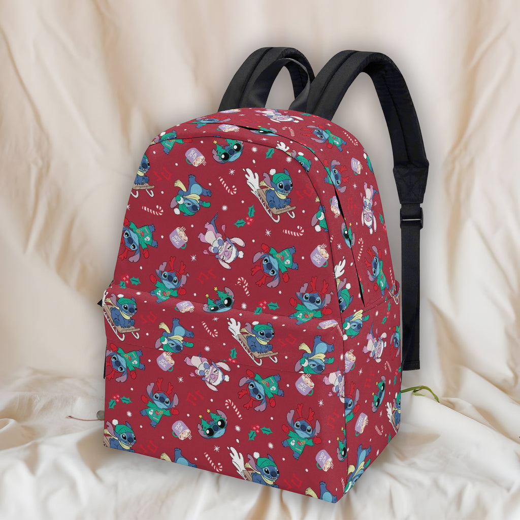Stitch Christmas Backpack, Holiday Red Print School Bag, Cute Winter Cartoon Travel Backpack BPGR16