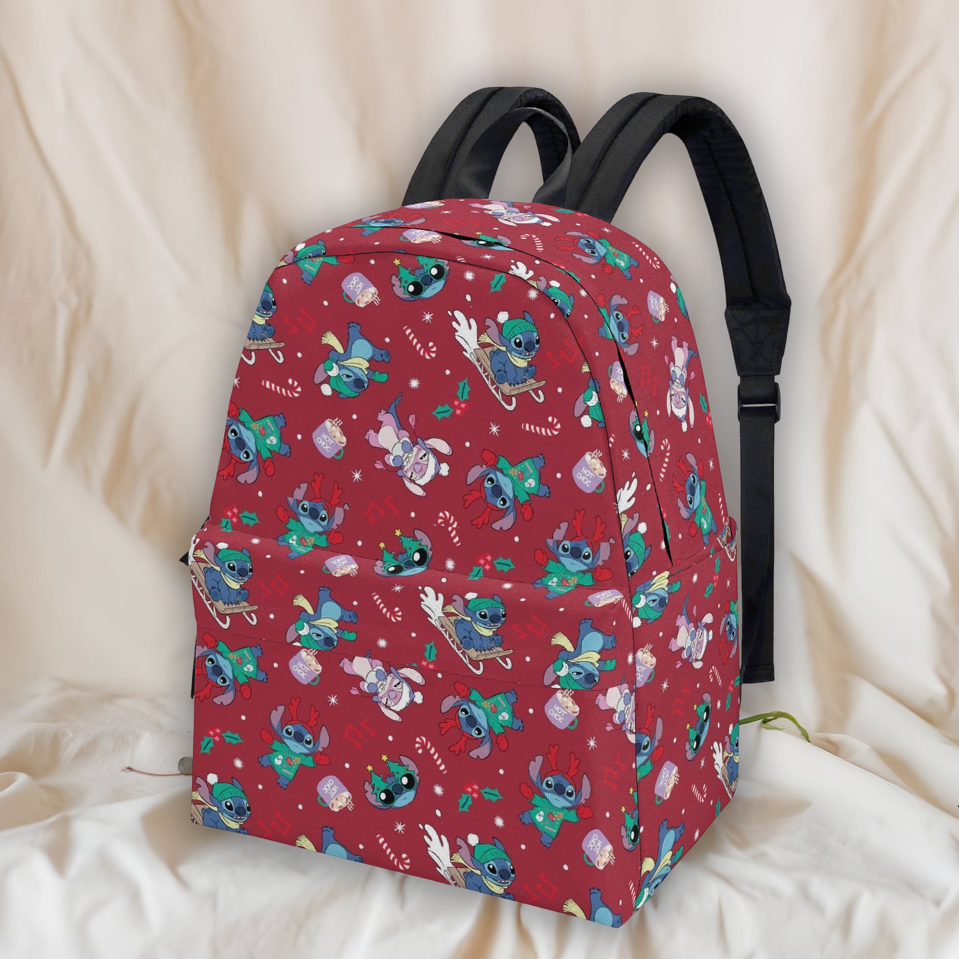 Stitch Christmas Backpack, Holiday Red Print School Bag, Cute Winter Cartoon Travel Backpack BPGR16