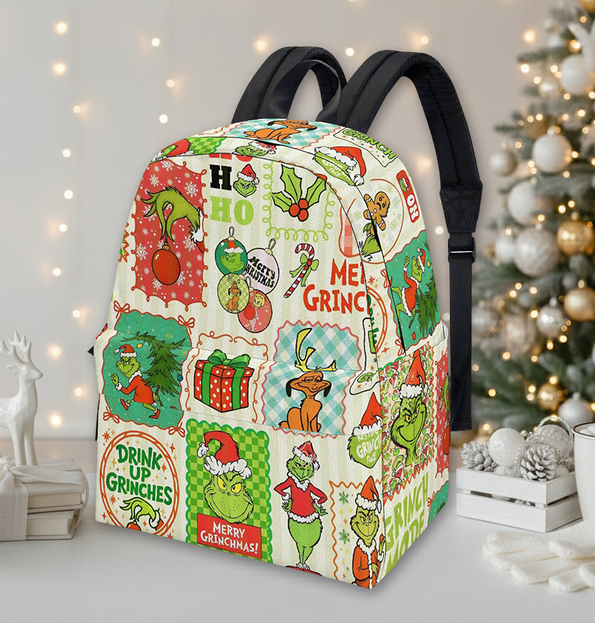 Grinch Backpack Vintage Patchwork, Merry Grinchmas Panels, Retro Christmas Gift, Holiday Travel School Bag BPGR36