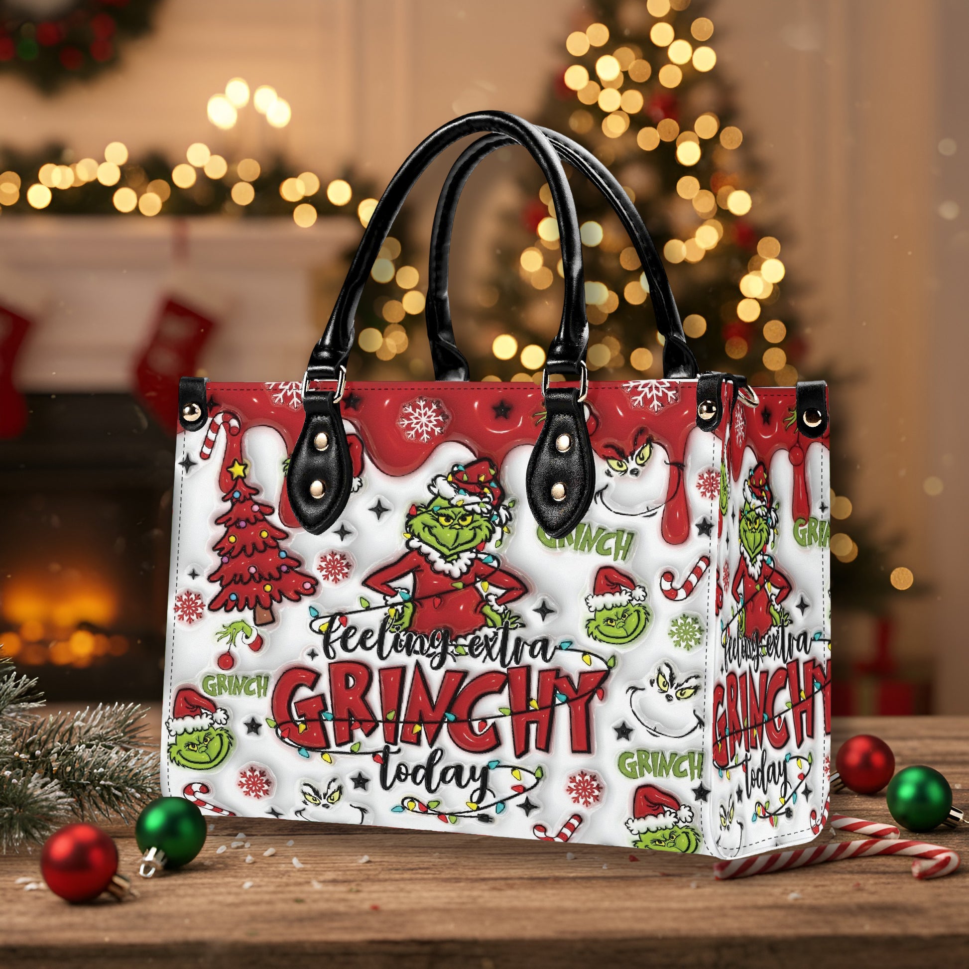 Feeling Extra Grinchy HandBag, Funny Christmas Purse, Festive Holiday Handbag, Santa Grinch Pattern, Winter Gift