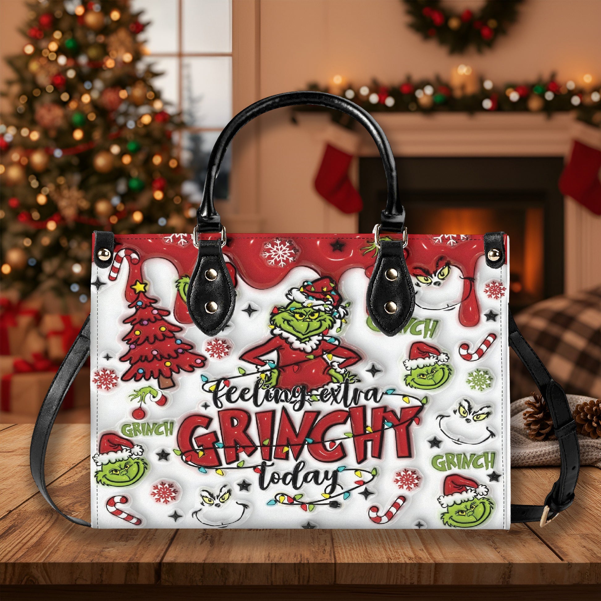 Feeling Extra Grinchy HandBag, Funny Christmas Purse, Festive Holiday Handbag, Santa Grinch Pattern, Winter Gift
