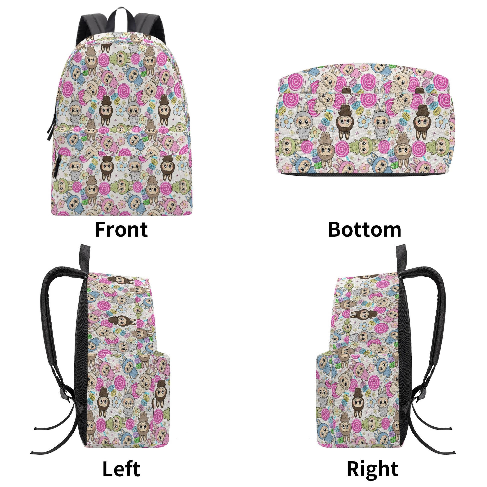Sweet Labubu Candy Backpack, Kawaii Cartoon School Bag with Macarons & Lollipops, Cute Pastel Bookbag Gift for Kids & Fans BPGR04