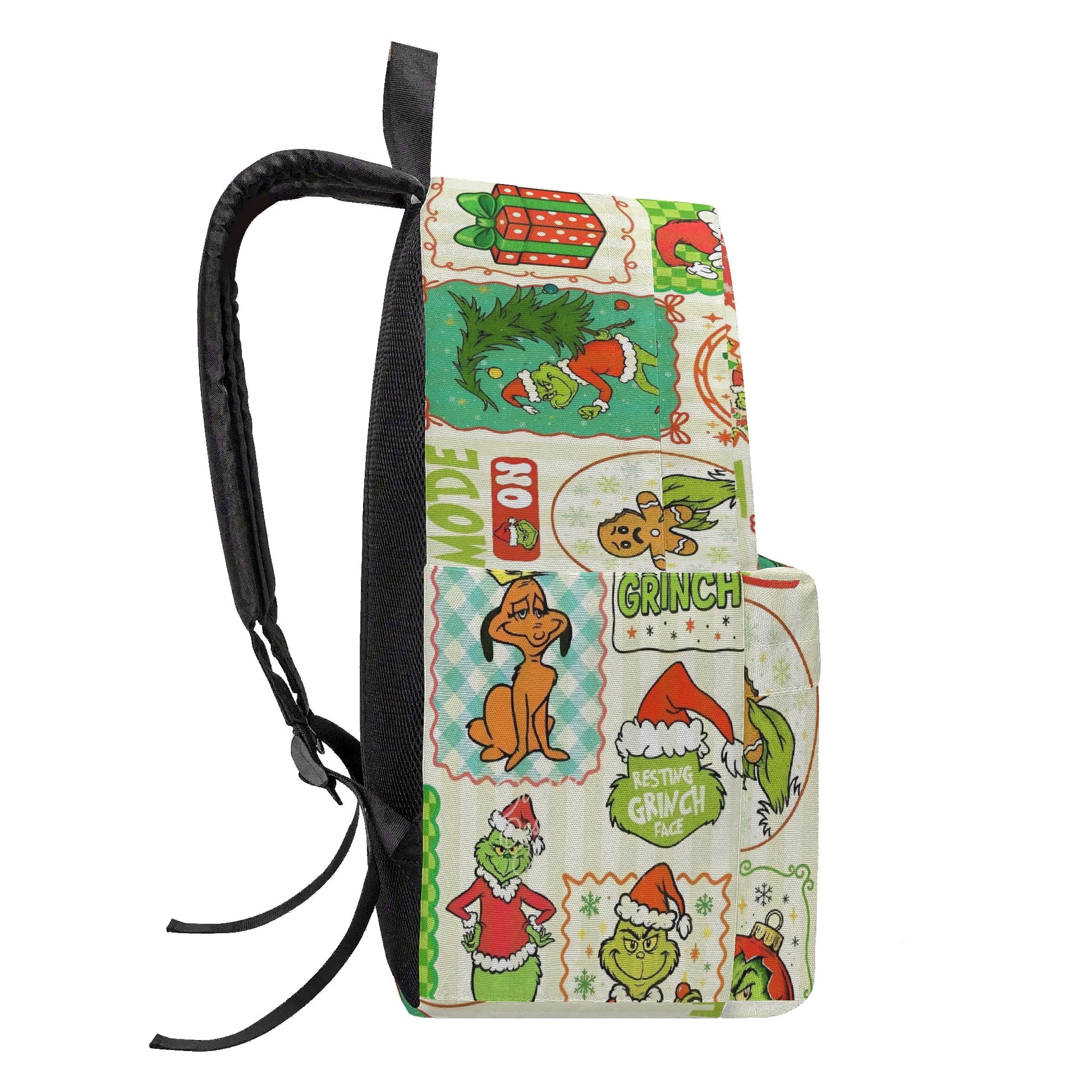 Grinch Backpack Vintage Patchwork, Merry Grinchmas Panels, Retro Christmas Gift, Holiday Travel School Bag BPGR36