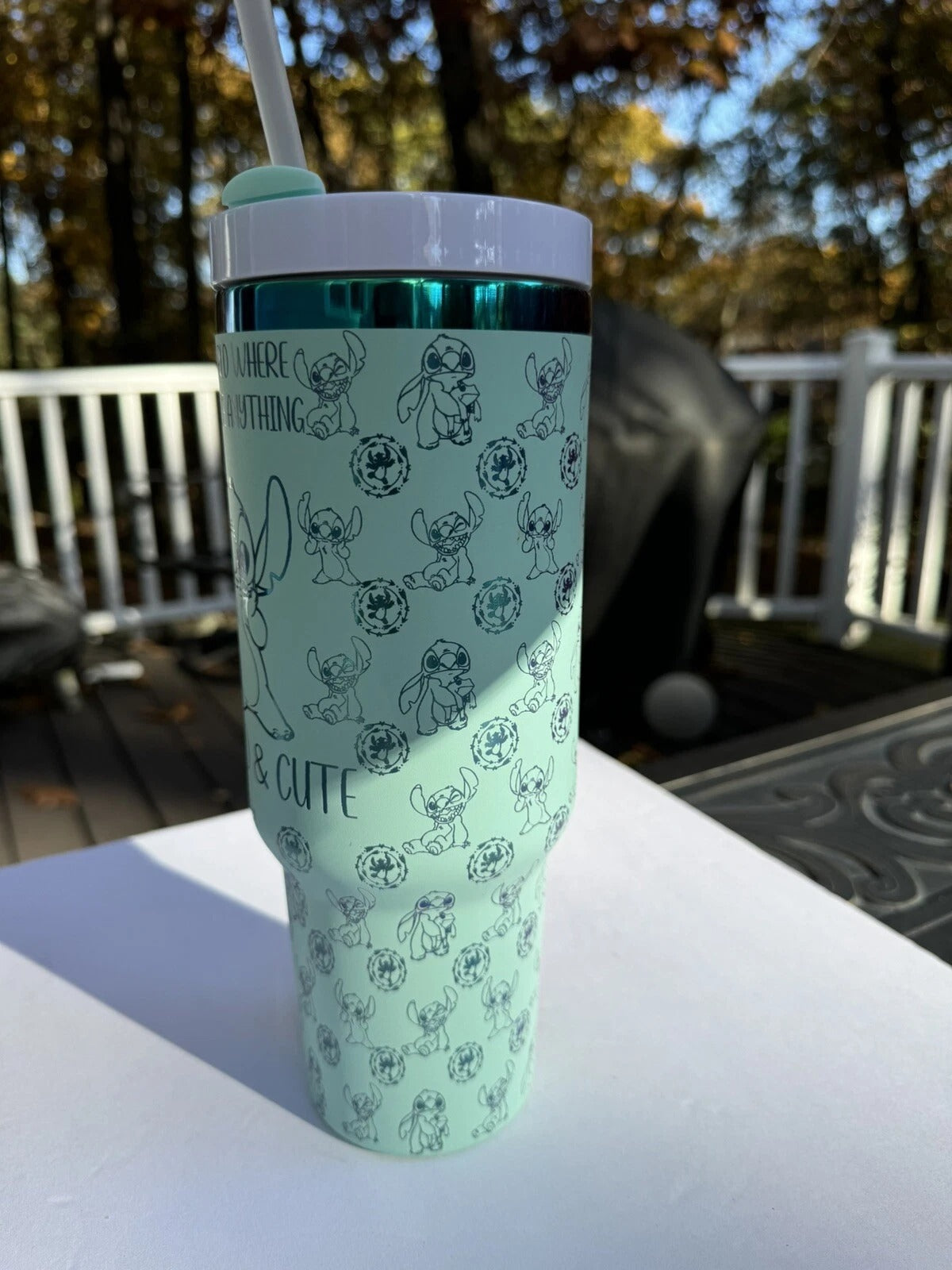 Lilo & Stitch Tumbler with Handle – ‘Be Weird & Cute’ Quote Insulated Travel Mug, Cute Stainless Steel Cup Gift