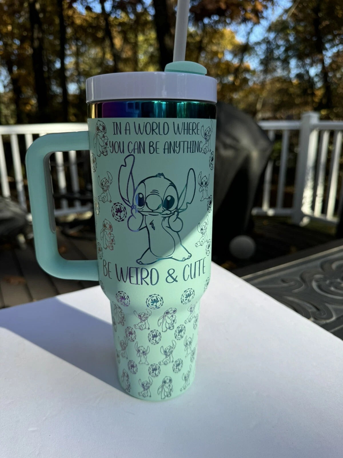 Lilo & Stitch Tumbler with Handle – ‘Be Weird & Cute’ Quote Insulated Travel Mug, Cute Stainless Steel Cup Gift