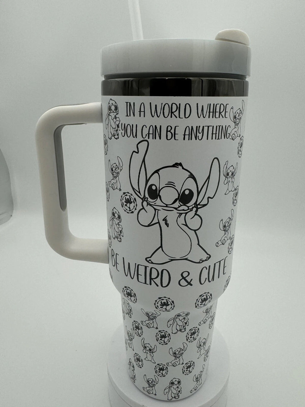 Lilo & Stitch Tumbler with Handle – ‘Be Weird & Cute’ Quote Insulated Travel Mug, Cute Stainless Steel Cup Gift