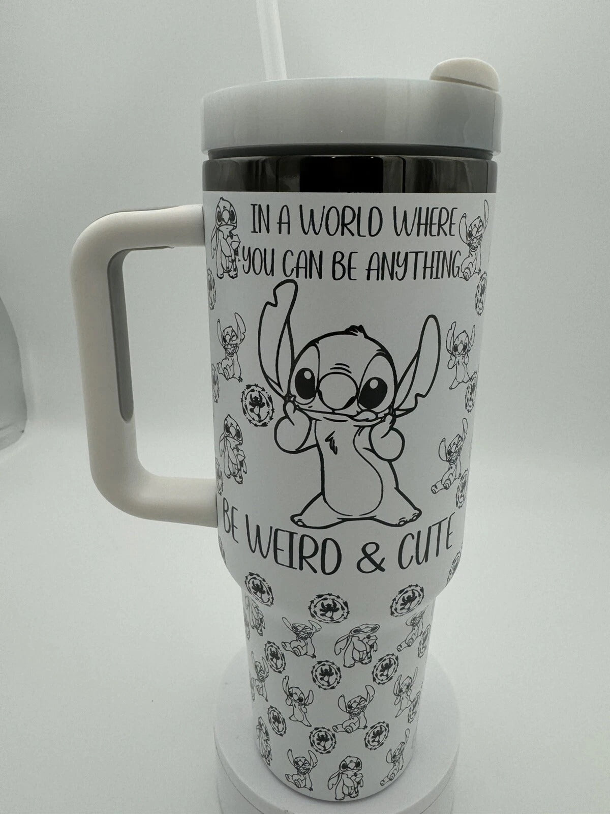 Lilo & Stitch Tumbler with Handle – ‘Be Weird & Cute’ Quote Insulated Travel Mug, Cute Stainless Steel Cup Gift