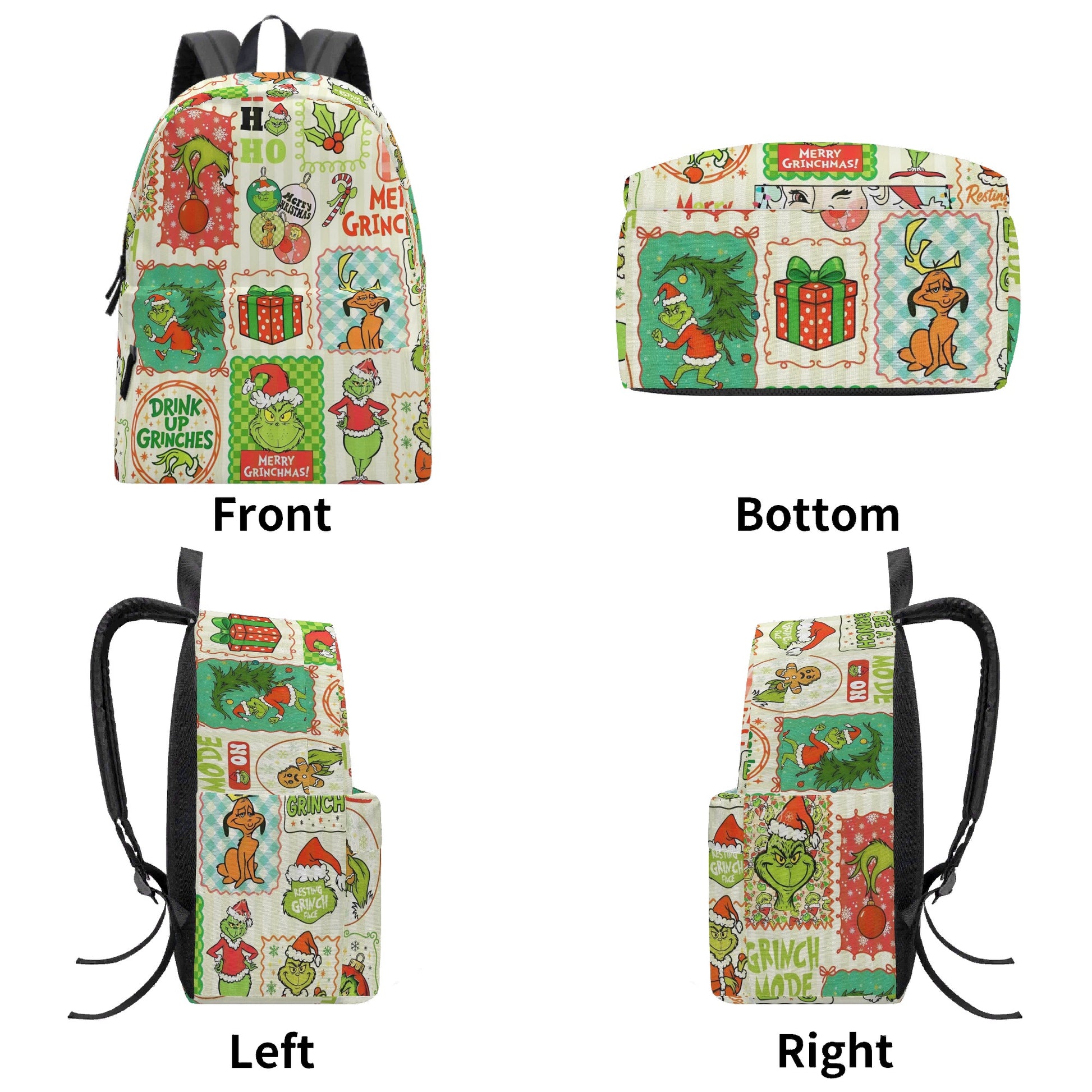 Grinch Backpack Vintage Patchwork, Merry Grinchmas Panels, Retro Christmas Gift, Holiday Travel School Bag BPGR36