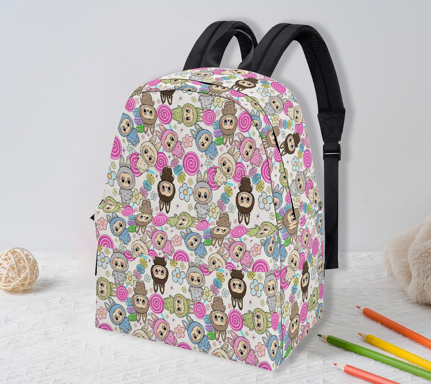 Sweet Labubu Candy Backpack, Kawaii Cartoon School Bag with Macarons & Lollipops, Cute Pastel Bookbag Gift for Kids & Fans BPGR04