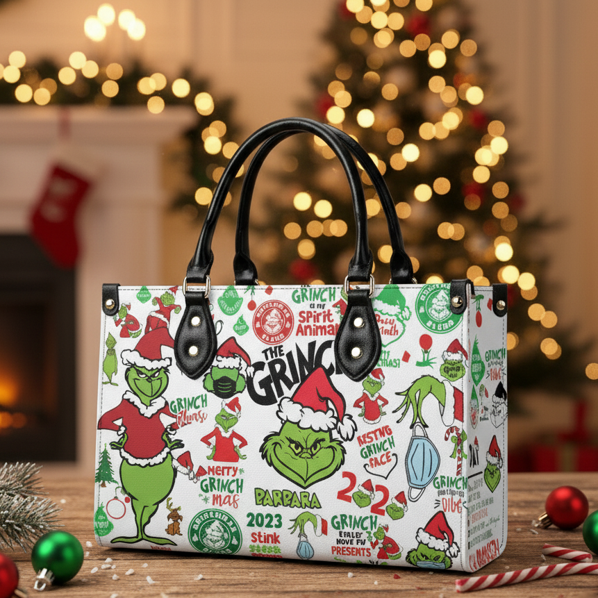 Christmas Grinch Santa HandBag, Funny Holiday Leather Bag, Personalized Christmas Gift, Grinchmas Purse, Festive Winter Accessory