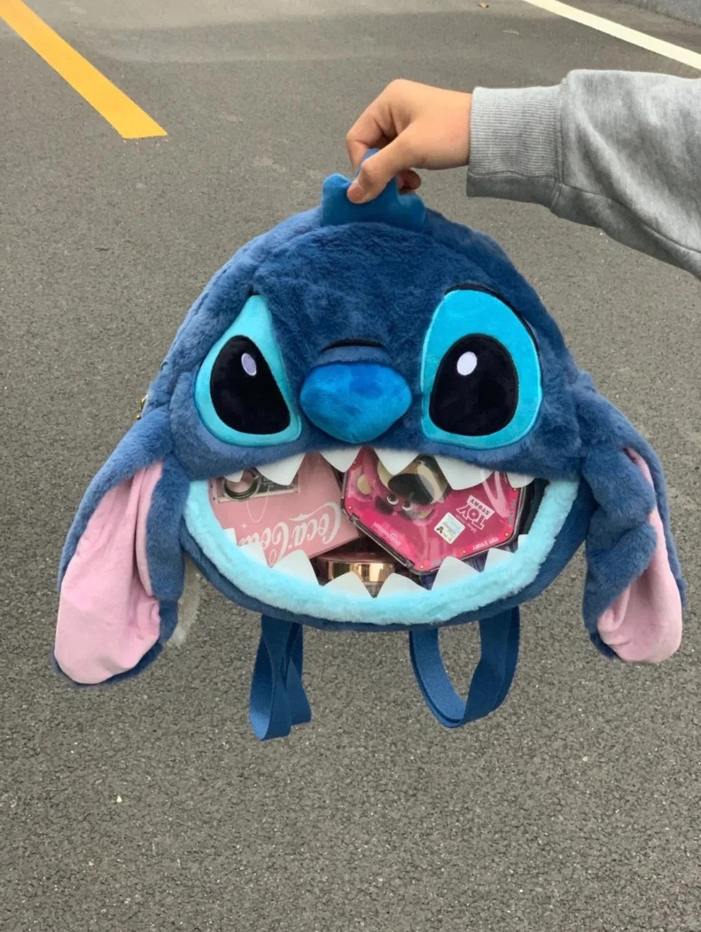 Cute Stitch Plush Backpack with Open Mouth Design, Soft Furry Travel School Bag for Girls,
