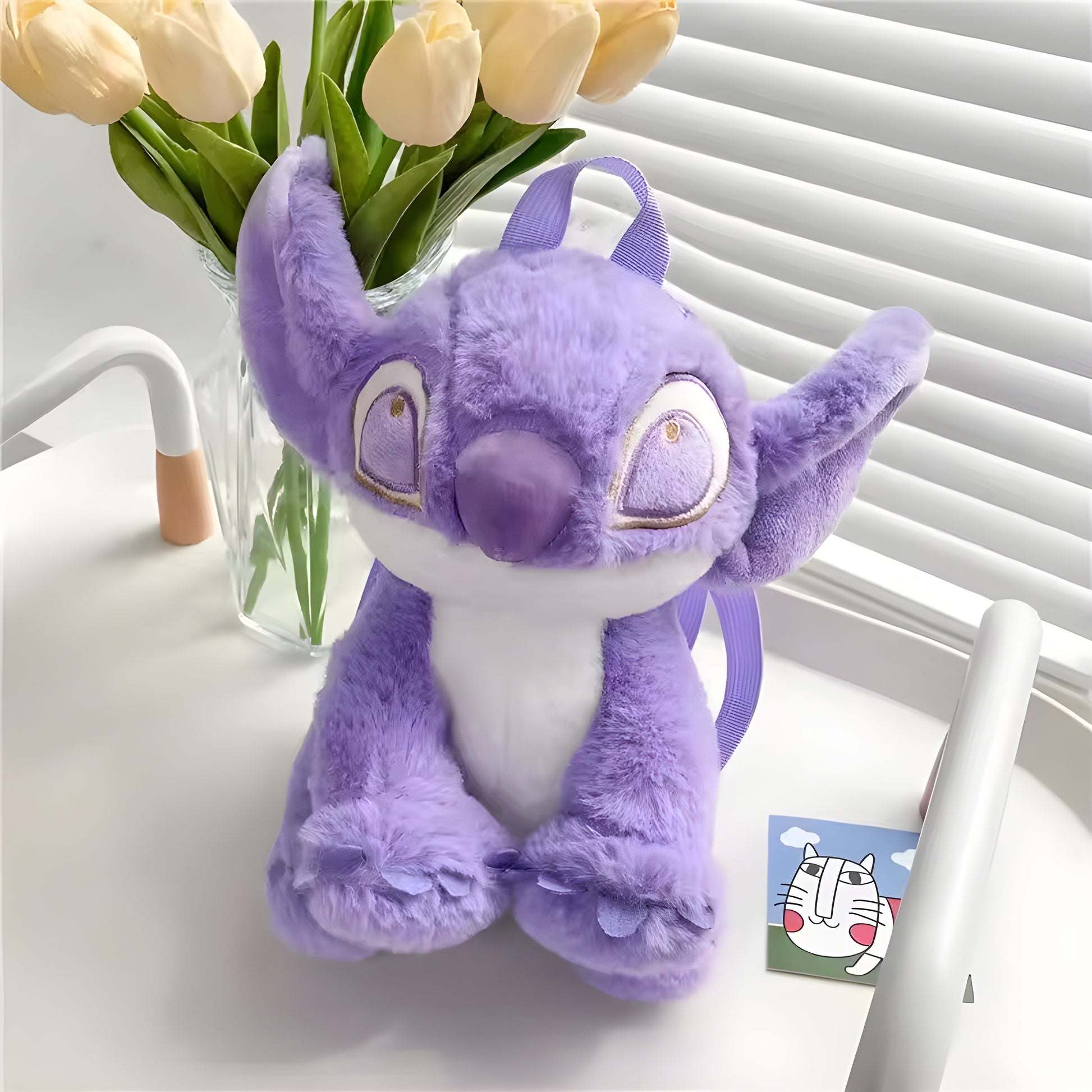 Purple Stitch Plush Backpack, Cute Cartoon Plushie Travel Bag, Soft Toy Backpack Gift for Girls
