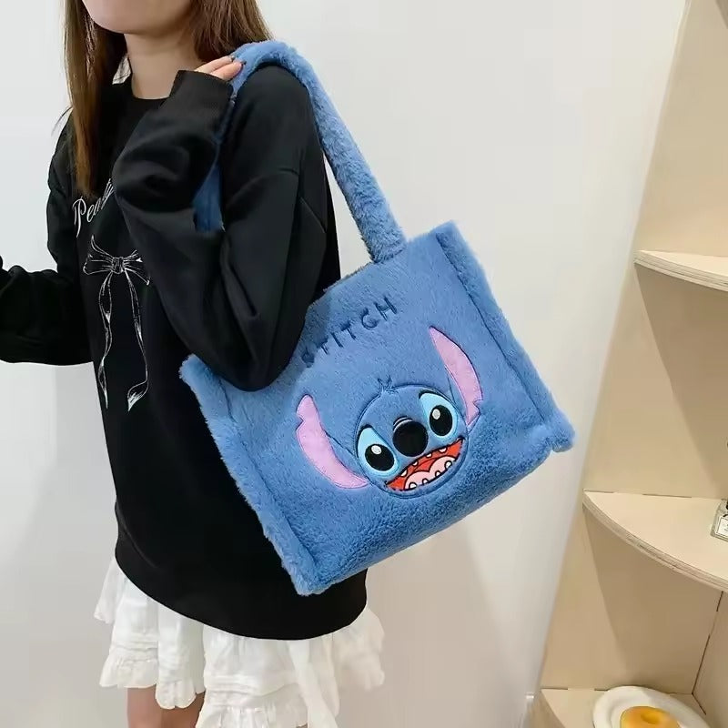 Stitch Plush Tote Bag, Cute Blue Furry Shoulder Handbag, Soft Cartoon Plushie Bag, Gift for Girls