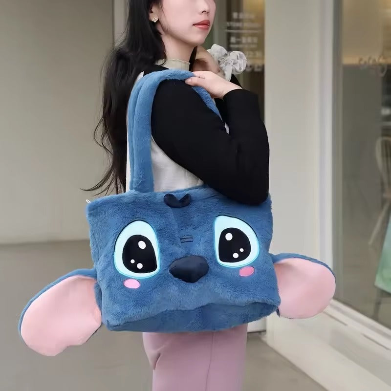 Kawaii Stitch Plush Tote Bag, Cute Soft Furry Shoulder Bag with 3D Ears, Large Capacity Handbag