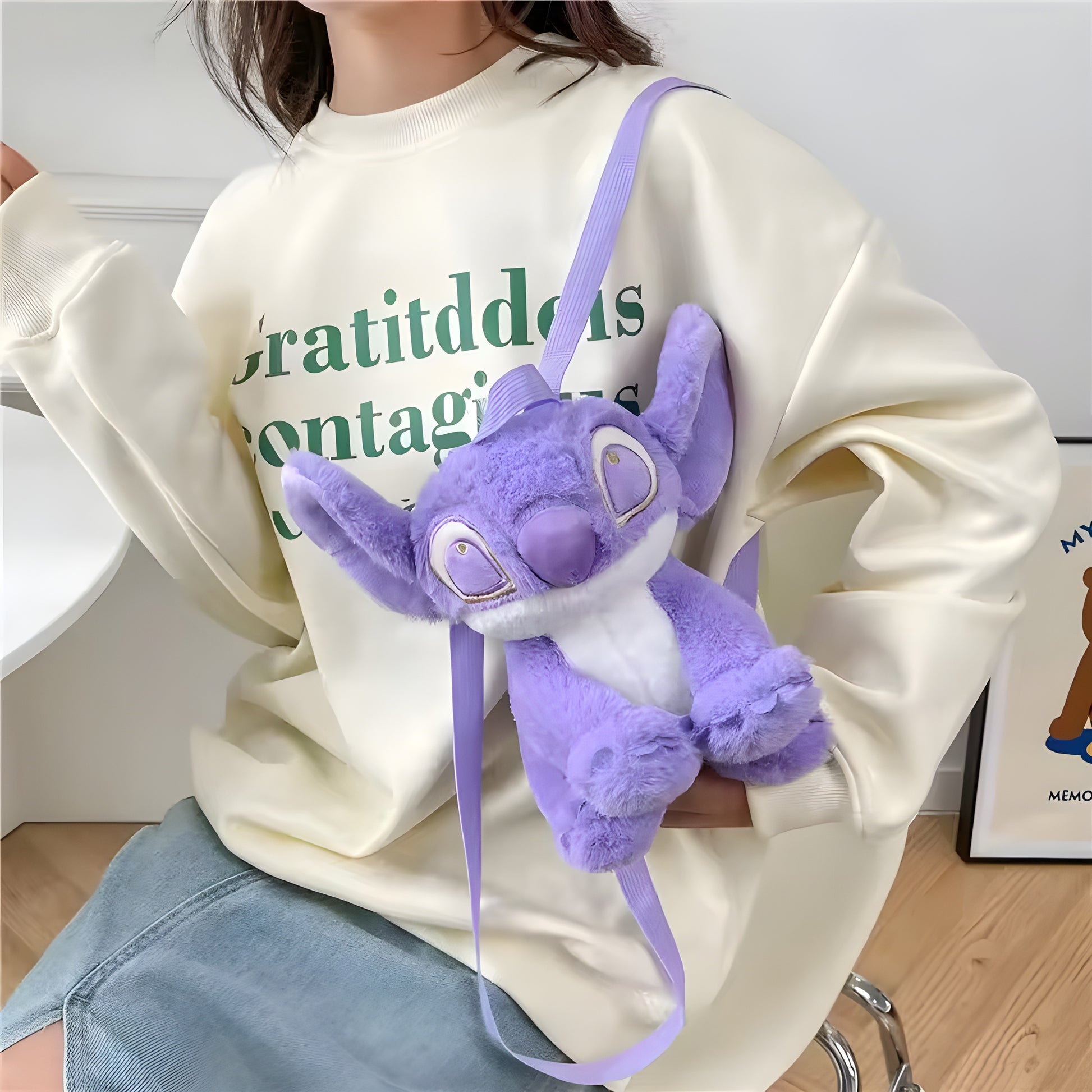 Purple Stitch Plush Backpack, Cute Cartoon Plushie Travel Bag, Soft Toy Backpack Gift for Girls