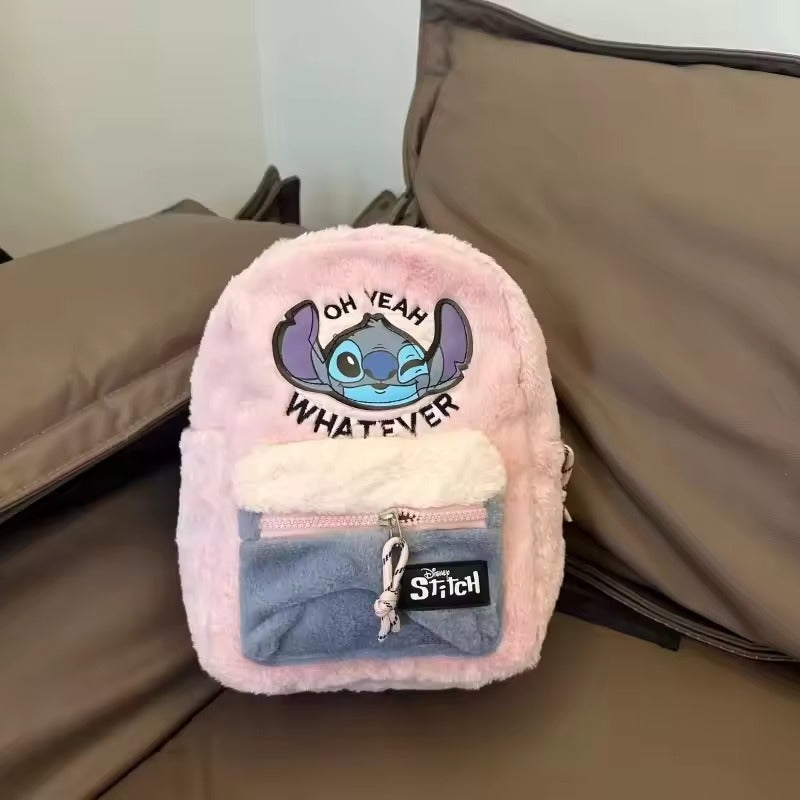 Pink Stitch Plush Backpack, Cute Soft Furry School Bag with Front Pocket, Kawaii Travel Daypack Gift for Girls