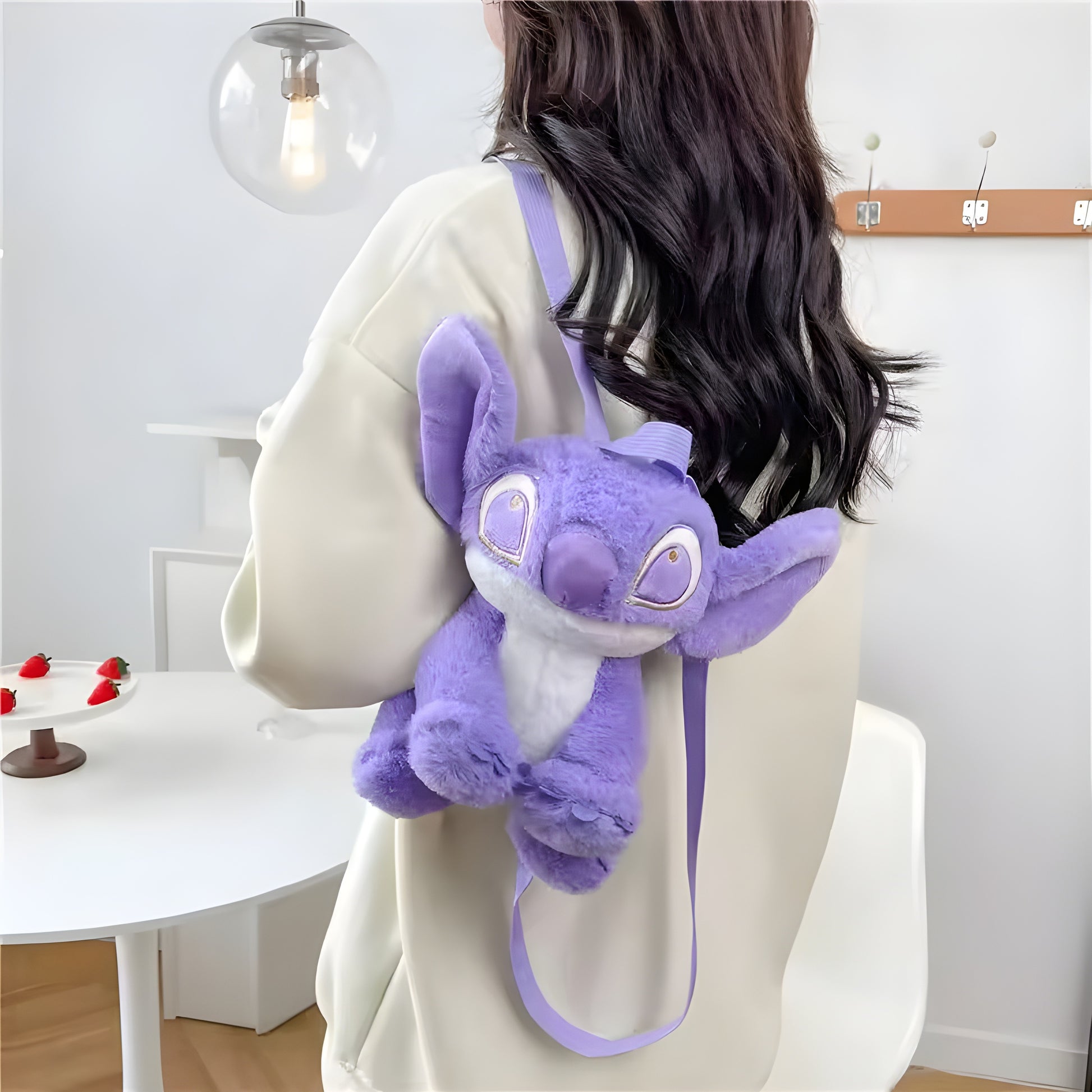 Purple Stitch Plush Backpack, Cute Cartoon Plushie Travel Bag, Soft Toy Backpack Gift for Girls