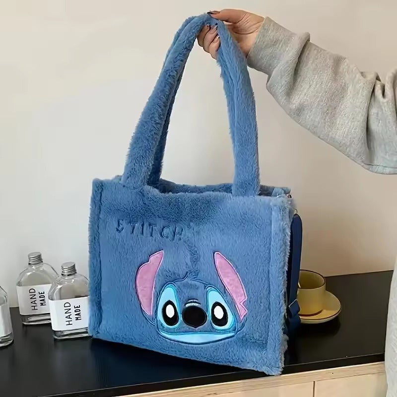 Stitch Plush Tote Bag, Cute Blue Furry Shoulder Handbag, Soft Cartoon Plushie Bag, Gift for Girls