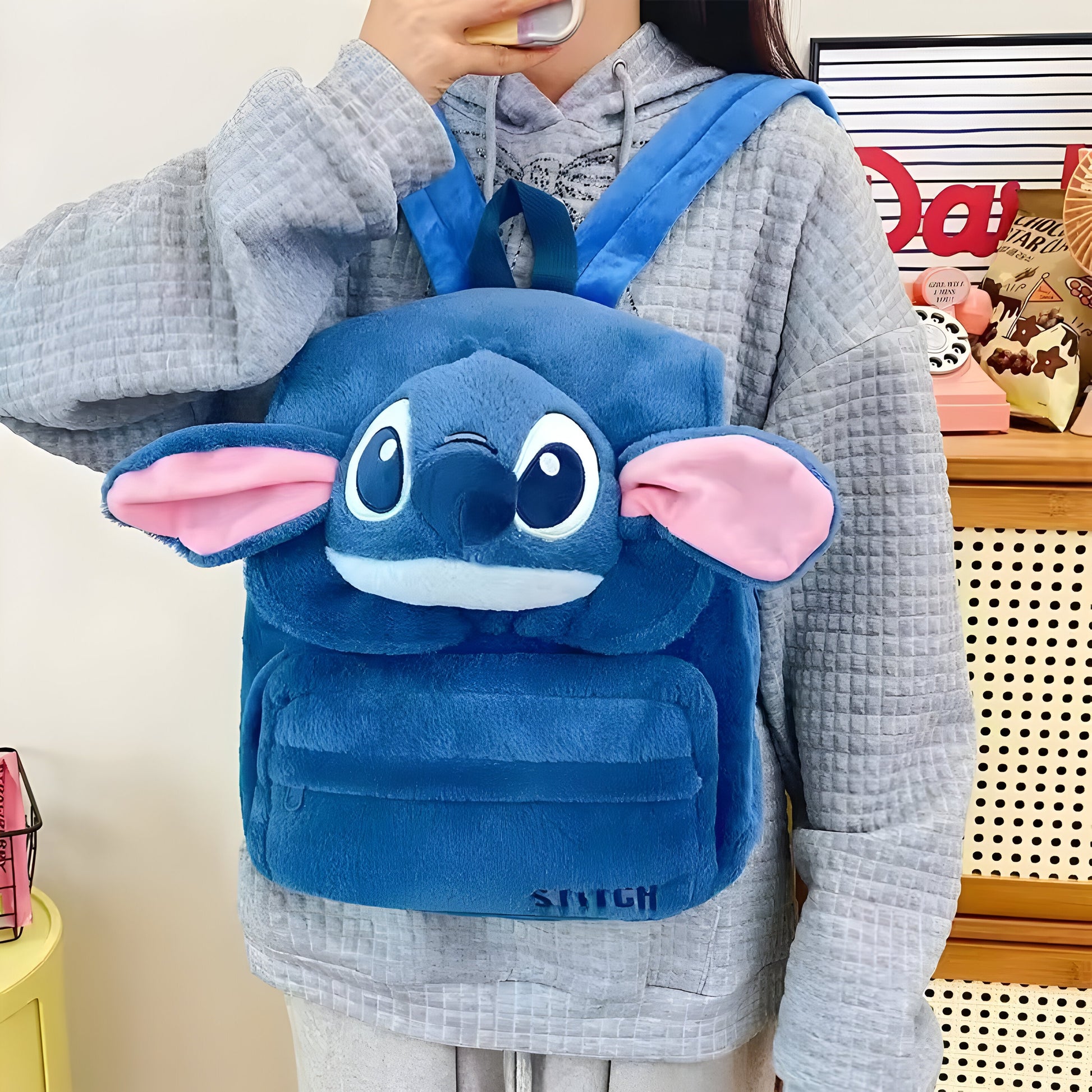 Kawaii Stitch Plush Backpack, Cute Double Shoulder & Crossbody Bag, Soft Plushie Storage Pouch, Anime Gift for Girls