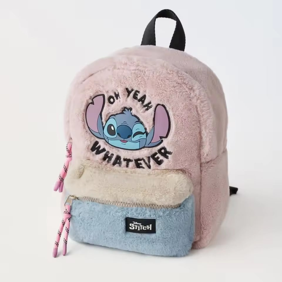 Pink Stitch Plush Backpack, Cute Soft Furry School Bag with Front Pocket, Kawaii Travel Daypack Gift for Girls
