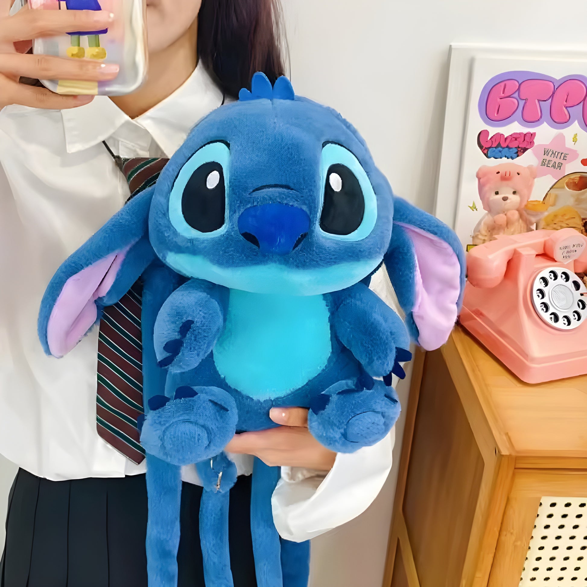 Kawaii Stitch Plush Backpack, Cute Double Shoulder & Crossbody Bag, Soft Plushie Storage Pouch, Anime Gift for Girls