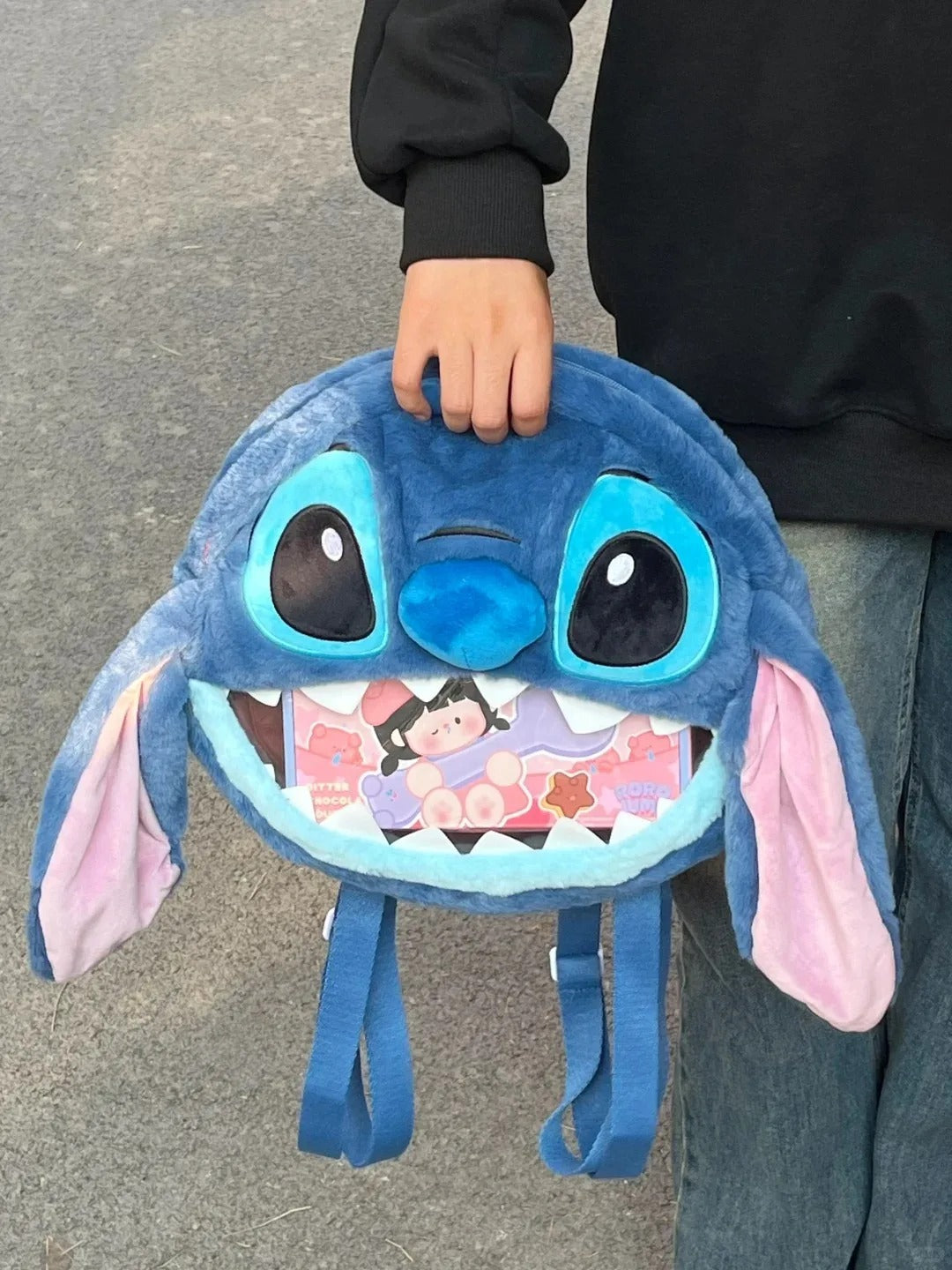 Cute Stitch Plush Backpack with Open Mouth Design, Soft Furry Travel School Bag for Girls,