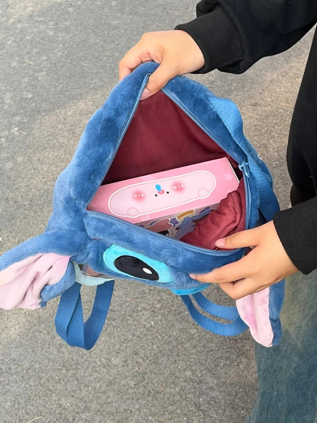 Cute Stitch Plush Backpack with Open Mouth Design, Soft Furry Travel School Bag for Girls,