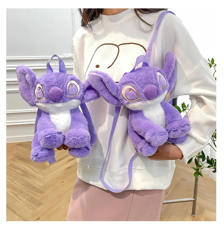 Purple Stitch Plush Backpack, Cute Cartoon Plushie Travel Bag, Soft Toy Backpack Gift for Girls