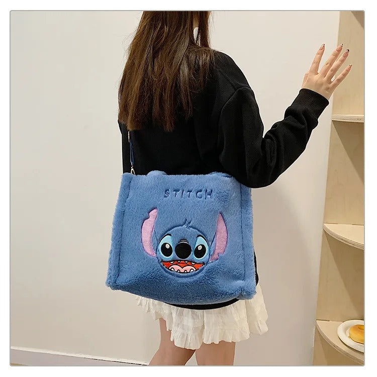 Stitch Plush Tote Bag, Cute Blue Furry Shoulder Handbag, Soft Cartoon Plushie Bag, Gift for Girls