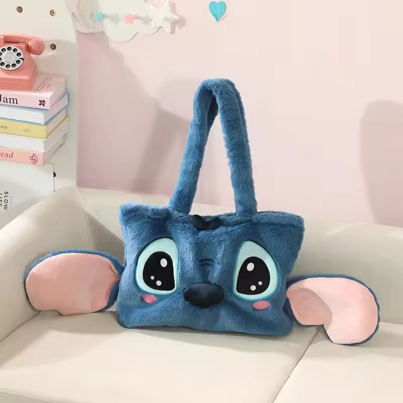Kawaii Stitch Plush Tote Bag, Cute Soft Furry Shoulder Bag with 3D Ears, Large Capacity Handbag