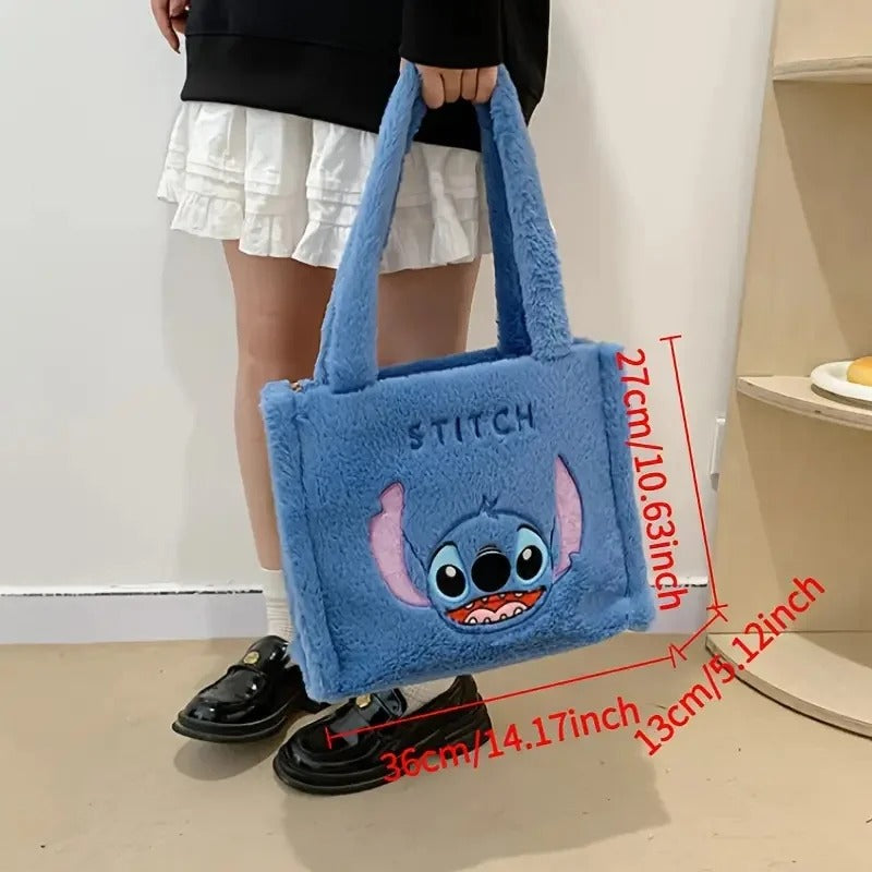 Stitch Plush Tote Bag, Cute Blue Furry Shoulder Handbag, Soft Cartoon Plushie Bag, Gift for Girls