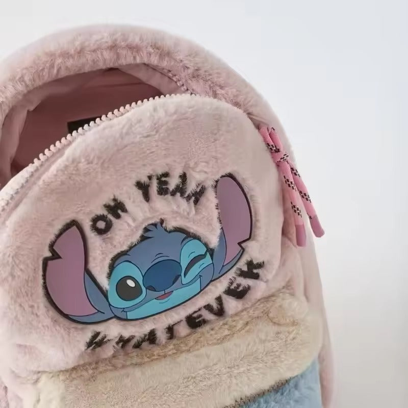 Pink Stitch Plush Backpack, Cute Soft Furry School Bag with Front Pocket, Kawaii Travel Daypack Gift for Girls