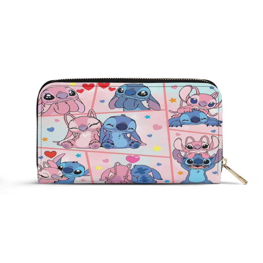 Stitch and Angel Handbag, Cute Cartoon Tote Bag with Black Leather Handles, Pink Blue Heart Pattern Purse for Women & Girls