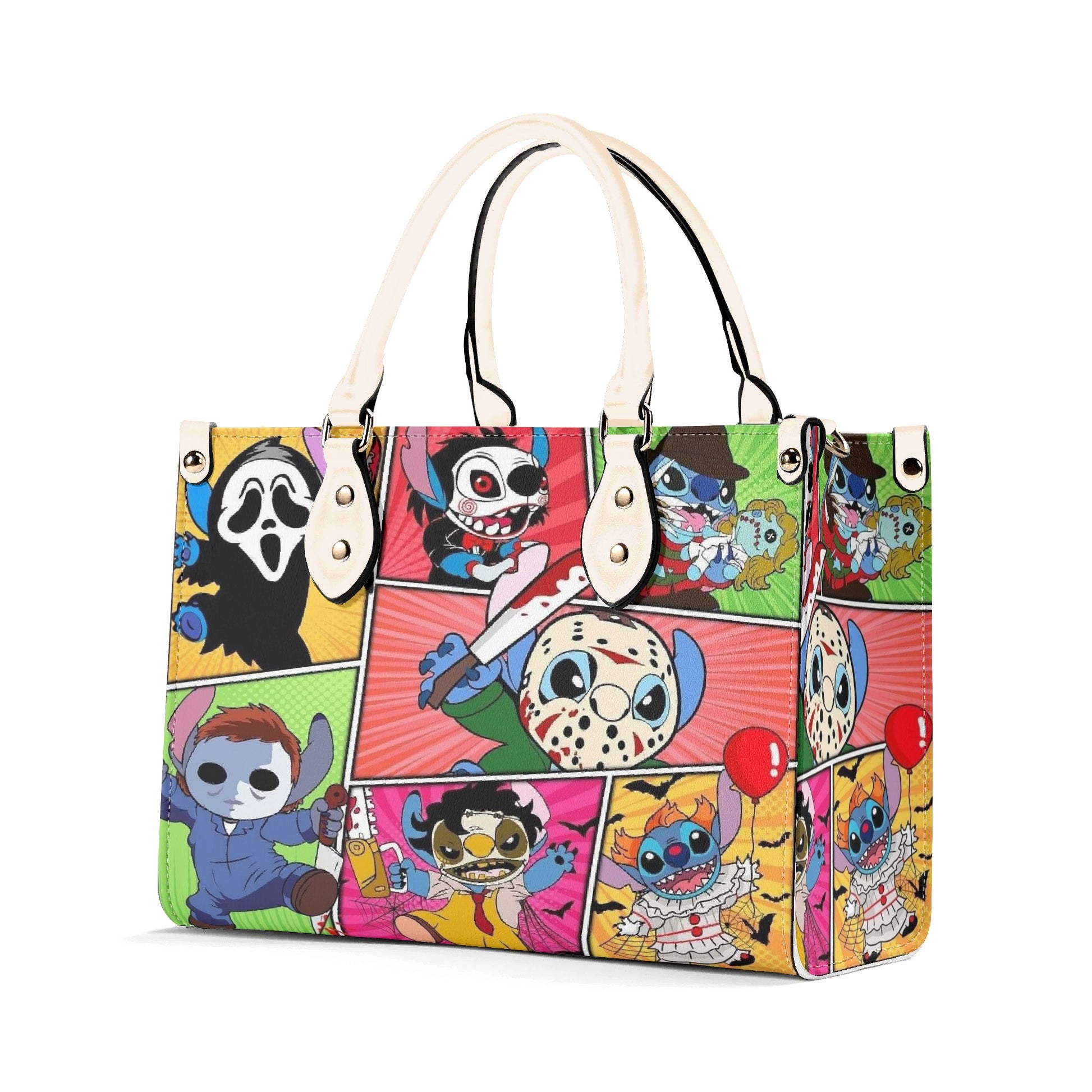 Stitch Horror Leather Handbag, Halloween Tote Bag with Scary Movie Cartoon Characters