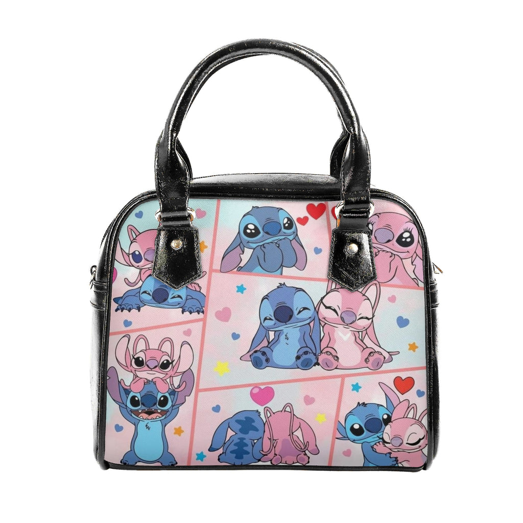 Stitch and Angel Handbag, Cute Cartoon Tote Bag with Black Leather Handles, Pink Blue Heart Pattern Purse for Women & Girls