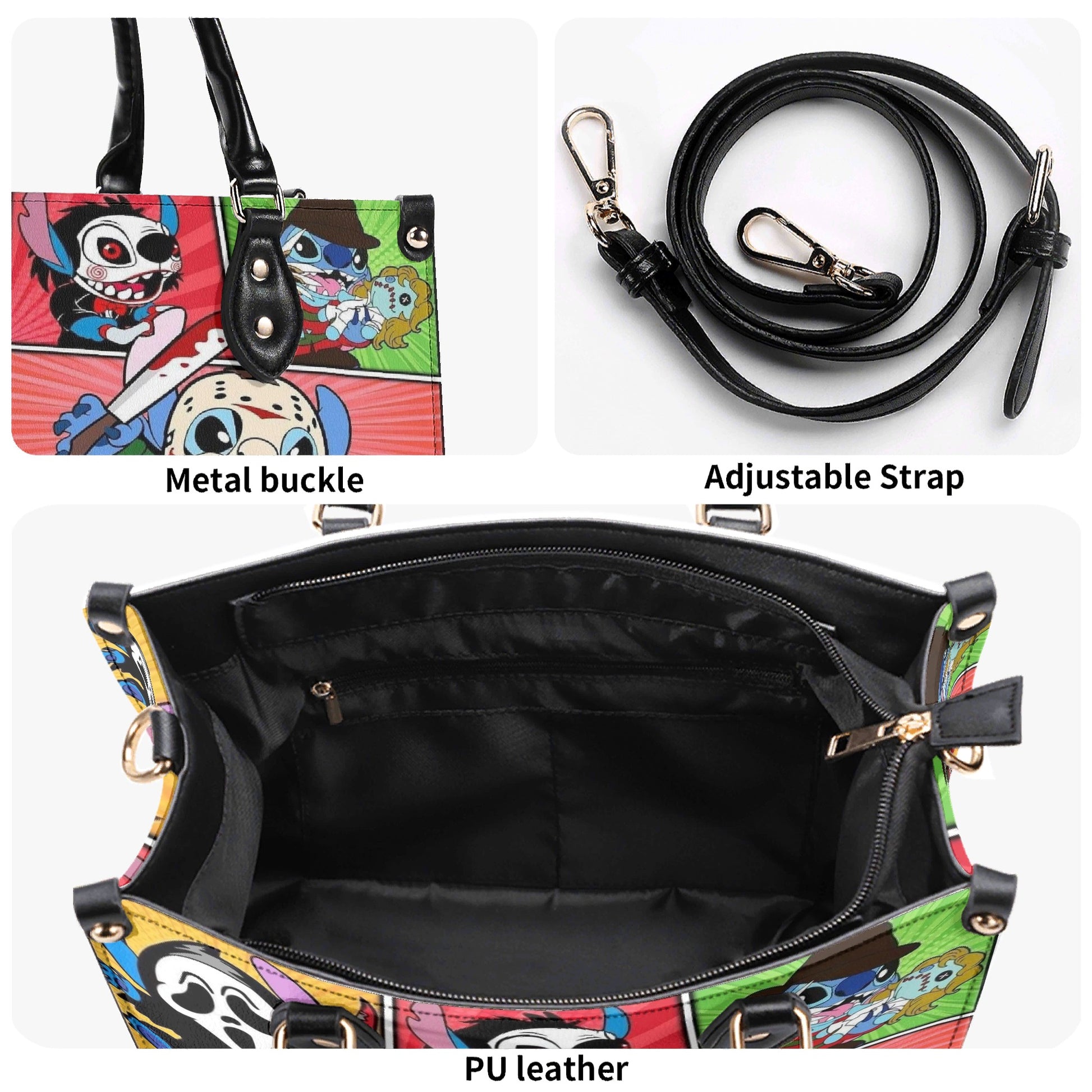 Stitch Horror Leather Handbag, Halloween Tote Bag with Scary Movie Cartoon Characters