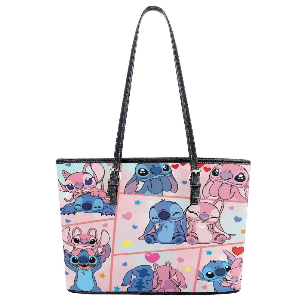 Stitch and Angel Handbag, Cute Cartoon Tote Bag with Black Leather Handles, Pink Blue Heart Pattern Purse for Women & Girls