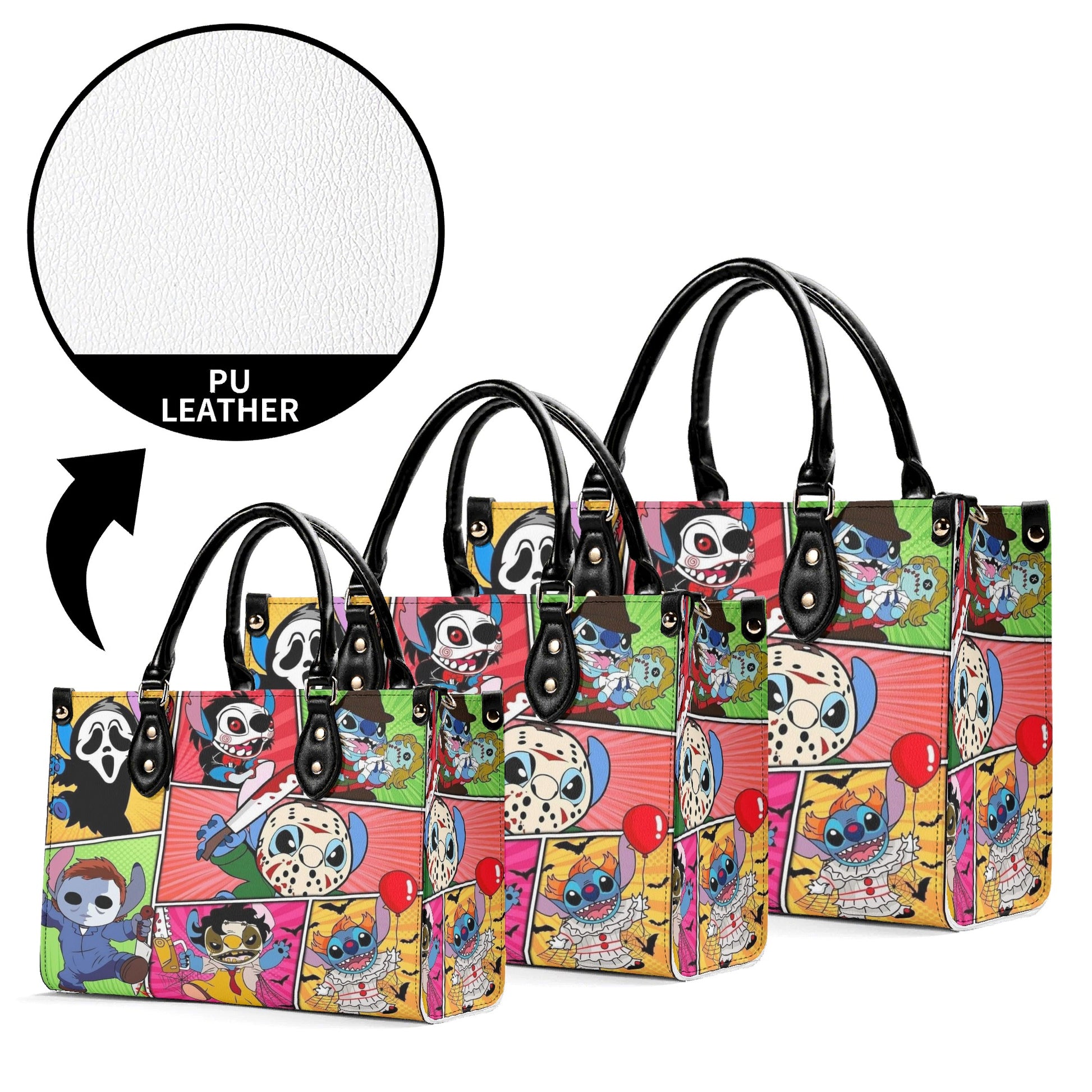 Stitch Horror Leather Handbag, Halloween Tote Bag with Scary Movie Cartoon Characters