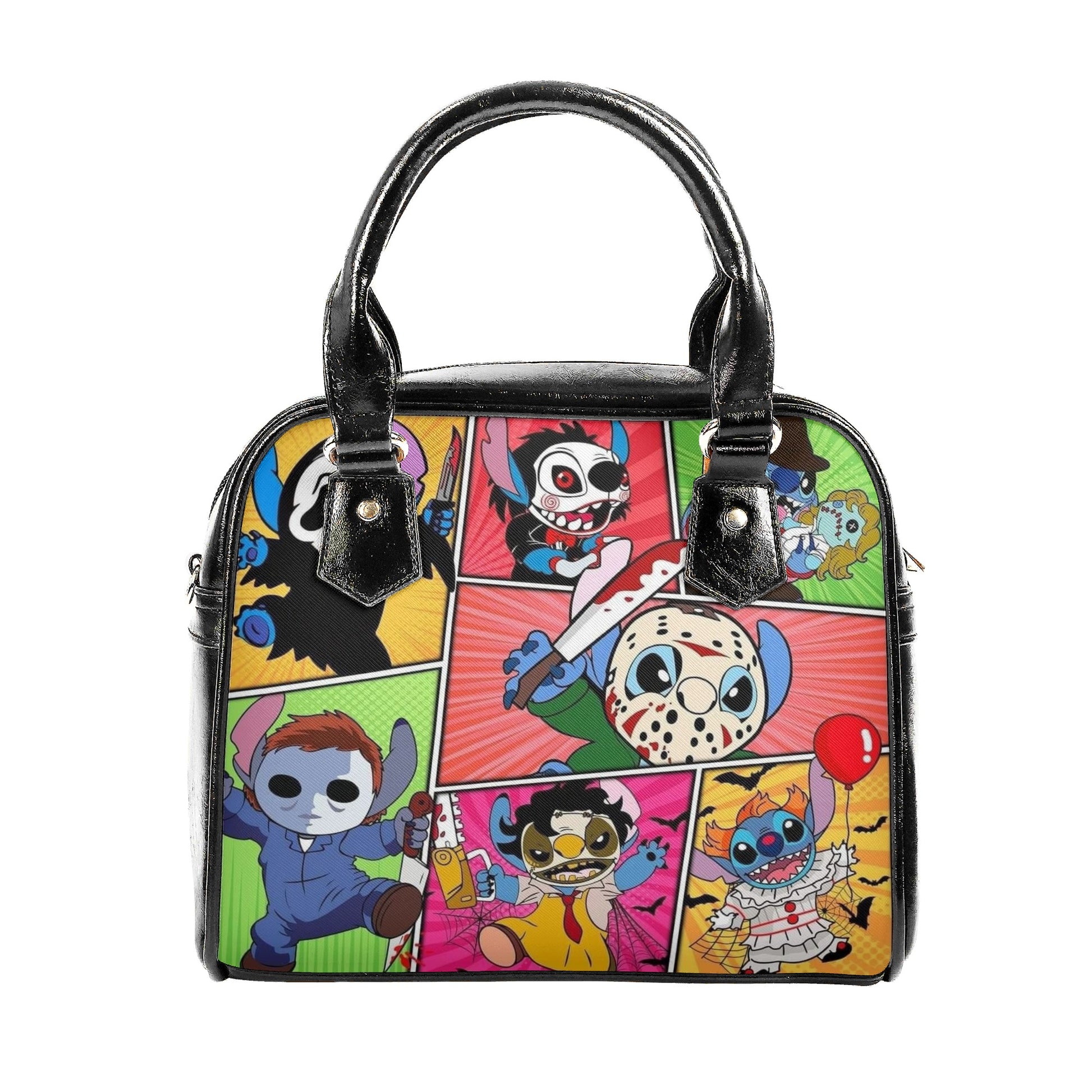 Stitch Horror Leather Handbag, Halloween Tote Bag with Scary Movie Cartoon Characters