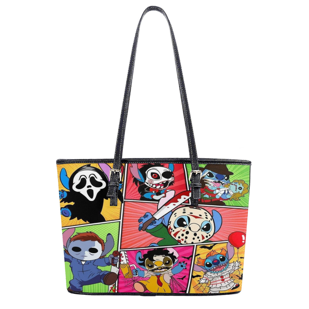 Stitch Horror Leather Handbag, Halloween Tote Bag with Scary Movie Cartoon Characters