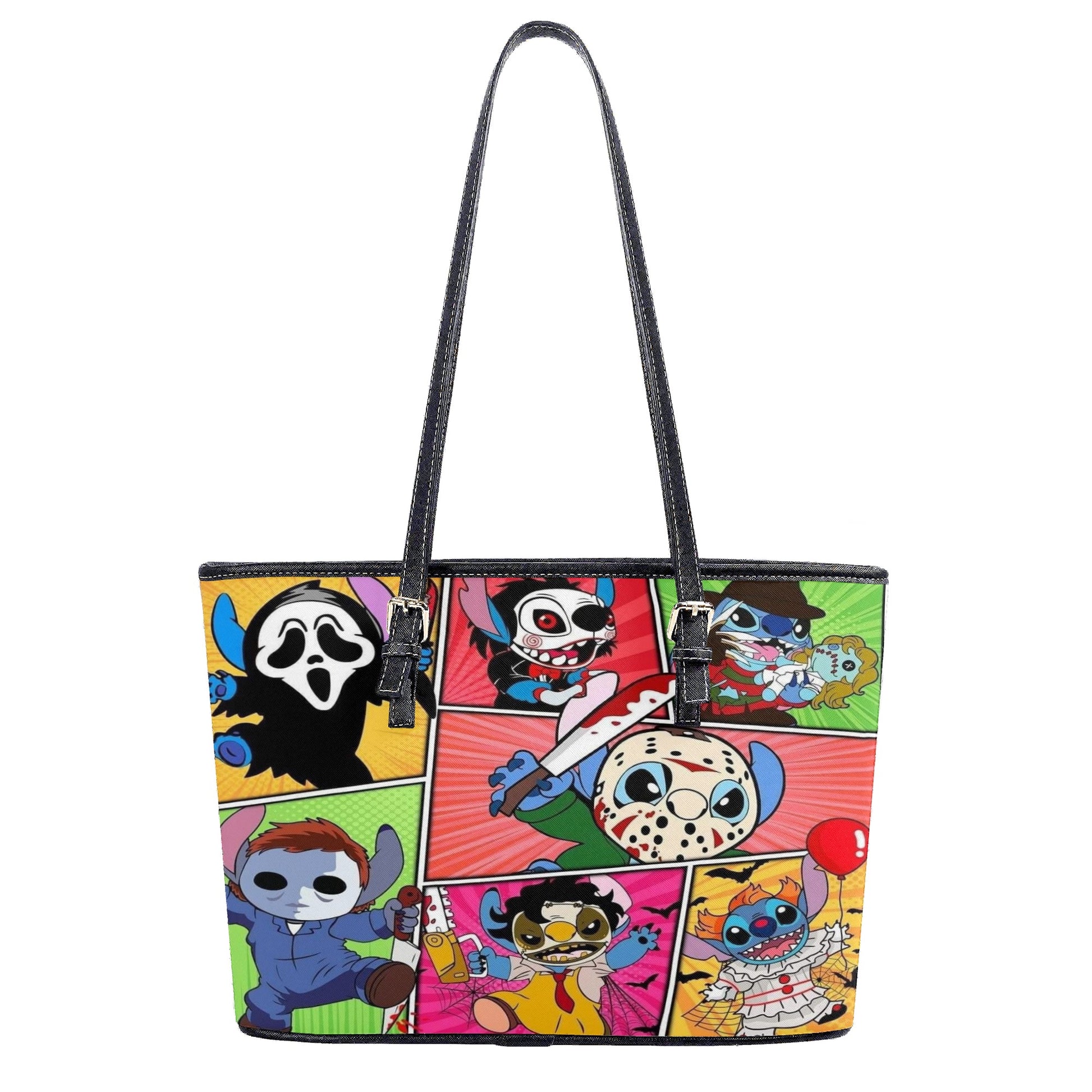 Stitch Horror Leather Handbag, Halloween Tote Bag with Scary Movie Cartoon Characters