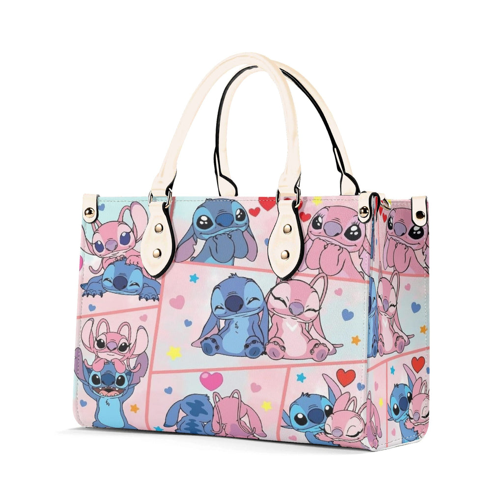 Stitch and Angel Handbag, Cute Cartoon Tote Bag with Black Leather Handles, Pink Blue Heart Pattern Purse for Women & Girls