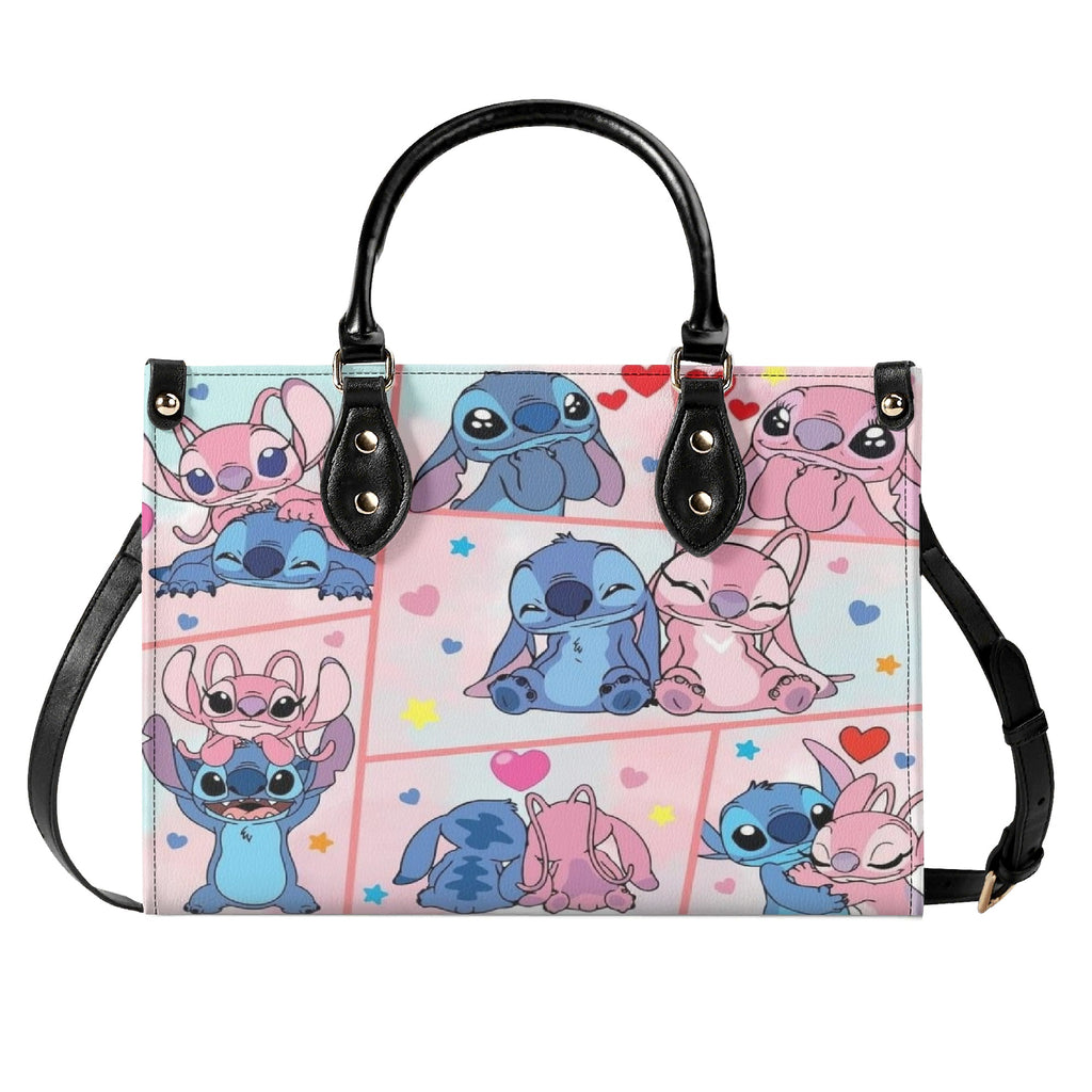 Stitch and Angel Handbag, Cute Cartoon Tote Bag with Black Leather Handles, Pink Blue Heart Pattern Purse for Women & Girls