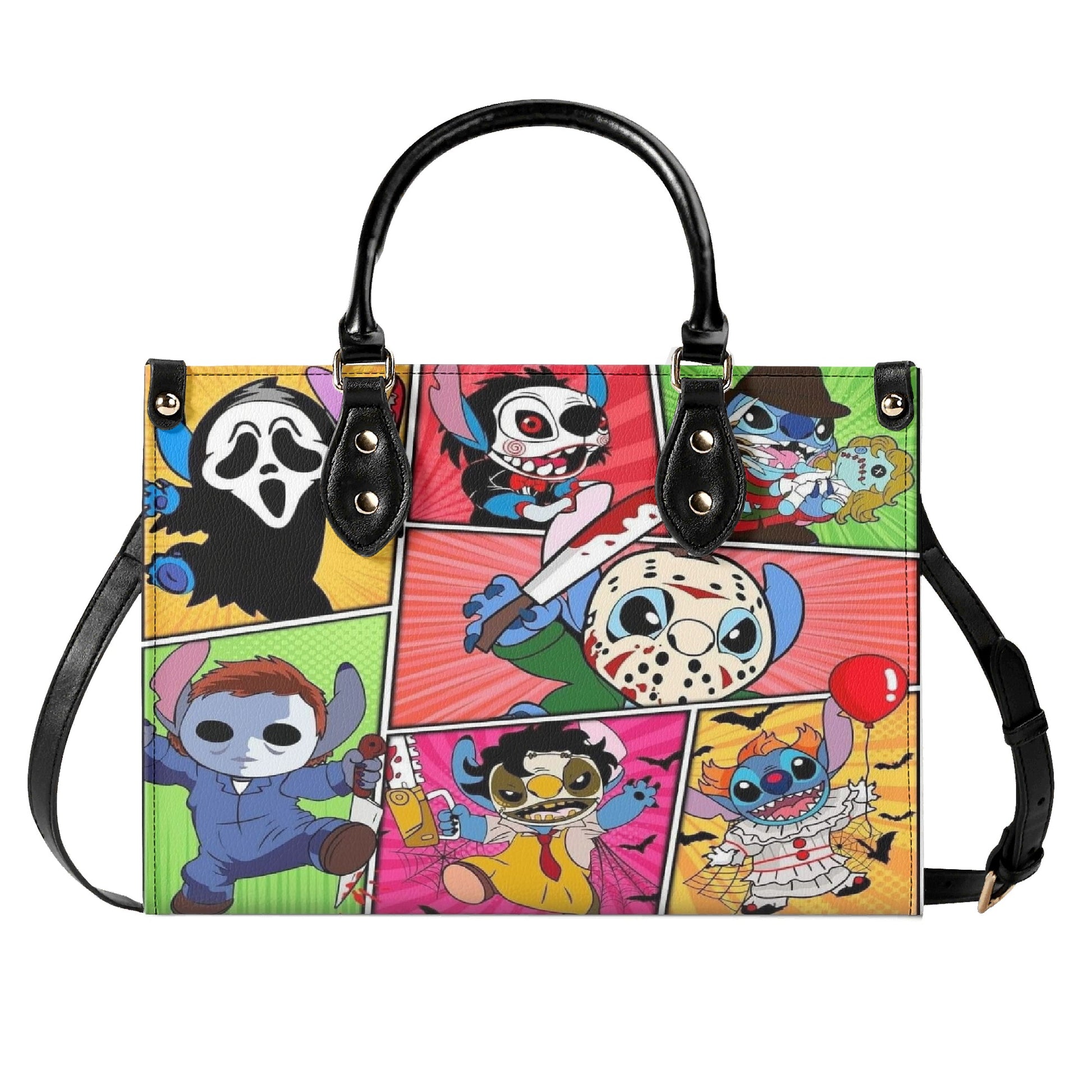 Stitch Horror Leather Handbag, Halloween Tote Bag with Scary Movie Cartoon Characters