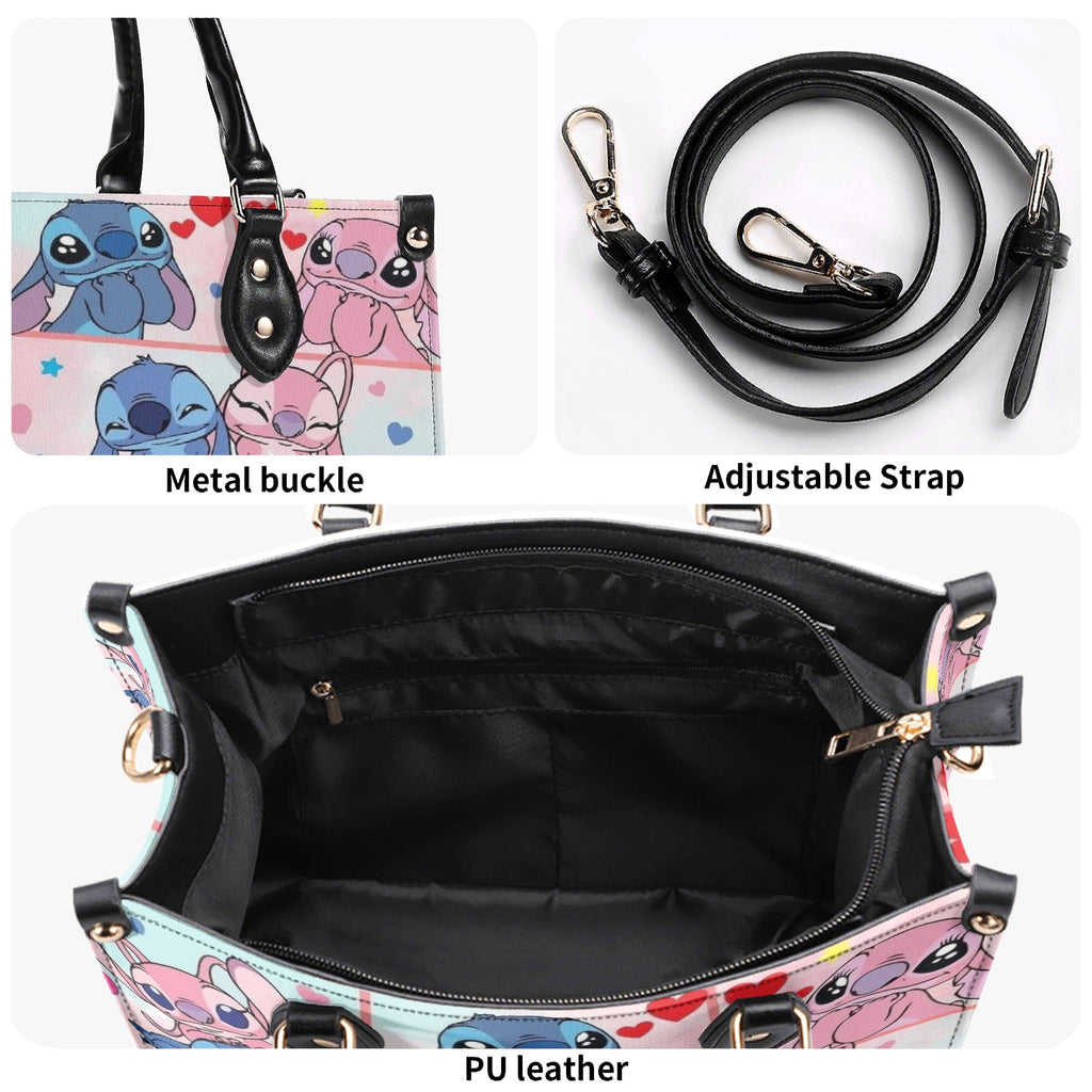 Stitch and Angel Handbag, Cute Cartoon Tote Bag with Black Leather Handles, Pink Blue Heart Pattern Purse for Women & Girls